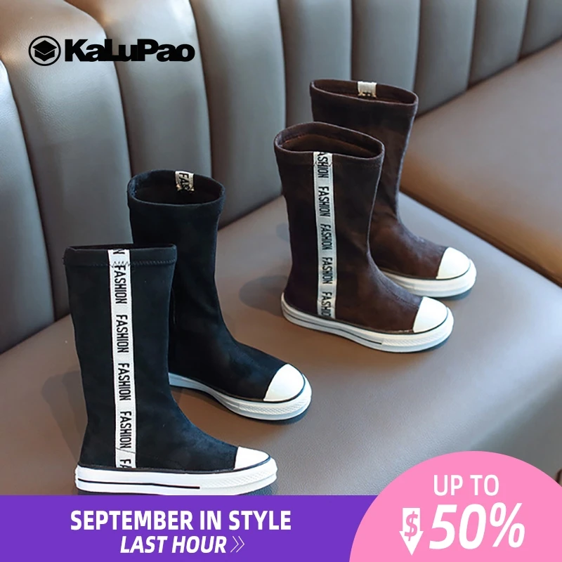 

2019 New Fashion Spring Autumn Boot Rubber Sole High Tube Girls Boots Slip On Zip Mid Calf Boots Girl Flat With Kids Shoes Black