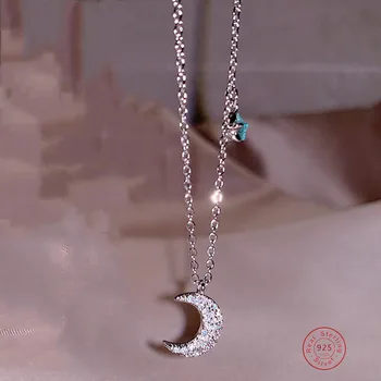 

Simple Chic Clavicle Chain Necklace 925 Sterling Silver Micro Pave Zircon Star Moon Collarbone Necklace for Women Chain Choker