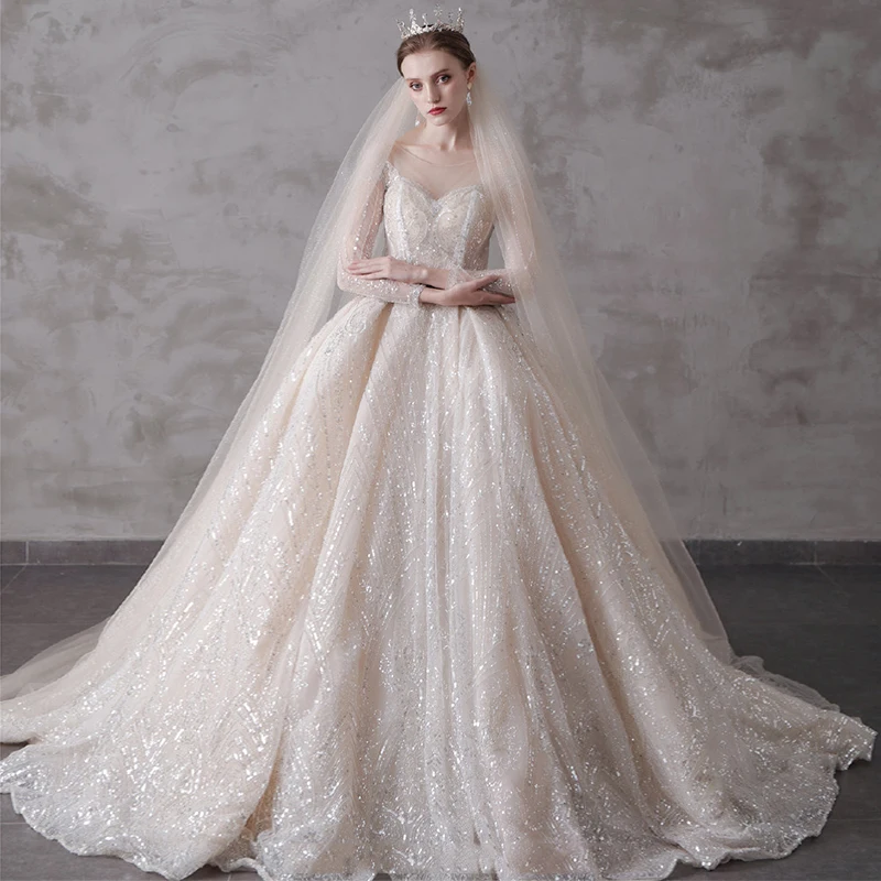 SSYFashion Новое высококачественное свадебное платье для невесты, роскошное свадебное платье с длинным рукавом и шлейфом, с блестками, Vestidos De Novia