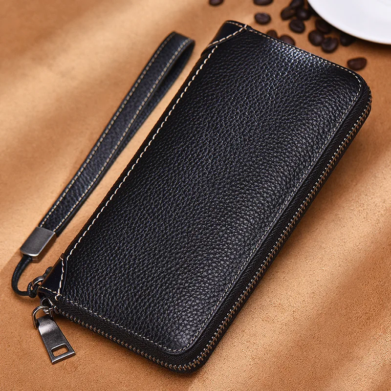 

New Style Wallet Men's Long Zipper Genuine Leather Clutch Bag Cow Leather Wallet Casual Large-Volume Clutch Bag