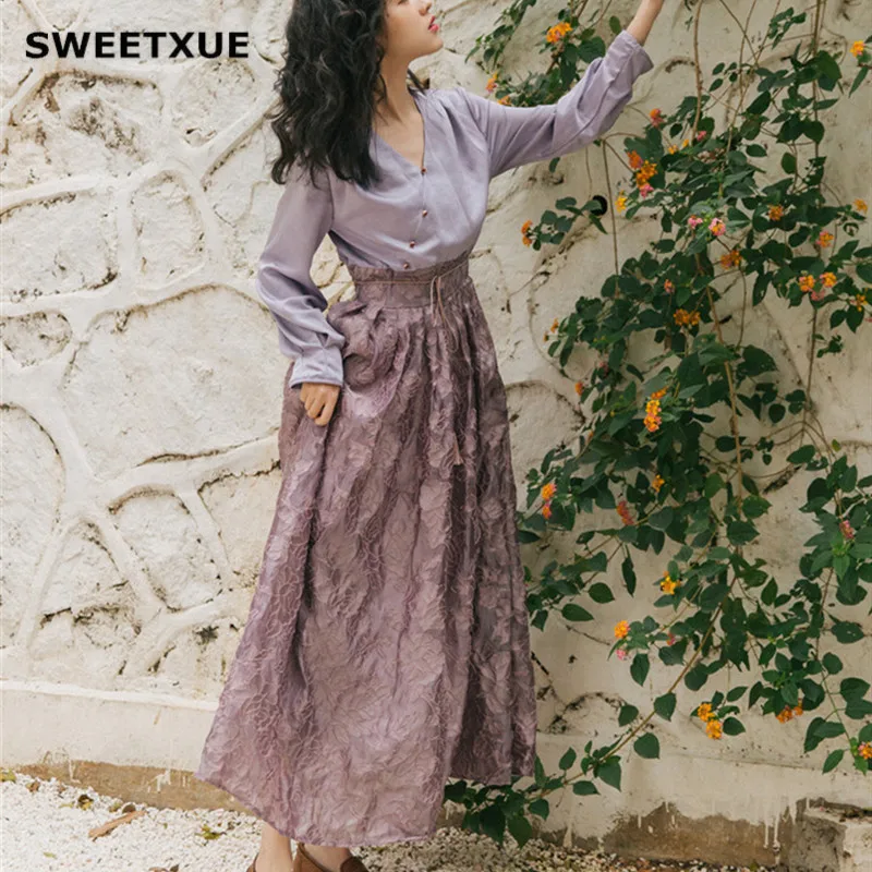 SWEETXUE осень Новое Женское винтажное длинное платье Элегантное сексуальное с v-образным вырезом сшивание ткани темперамент фиолетовый макси платья женские