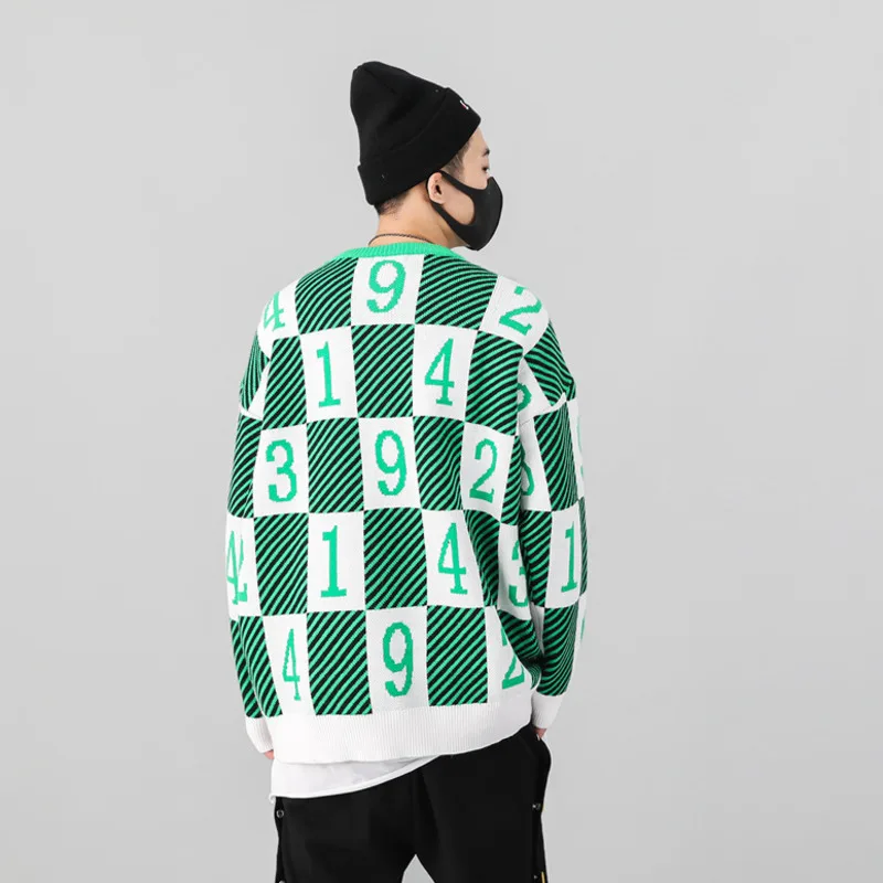 #1552 Autumn Winter Plaid Harajuku Hip Hop Sweater For Men Pullover Streetwear Knitwear Man NO. Pattern Sweater Mens Jumpers