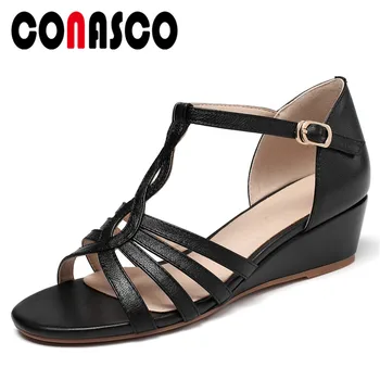 

CONASCO Summer Fashion New Women Sandals Genuine Leather Cross-Tied Concise Casual Women Pumps Wedges High Heels Shoes Woman