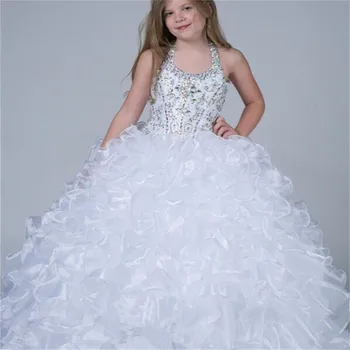 

Luxurious Ruffles Organza Ball Gown Halter Neck Beading Pleated Flower Girl Dress for Weddings Holy Communion Party Custom Made