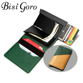 

BISI GORO RFID Card Holder Color Mixing PU Leather Aluminum Wallet Travel Passport Holder Slim Fashion Two Colors Purse Metal