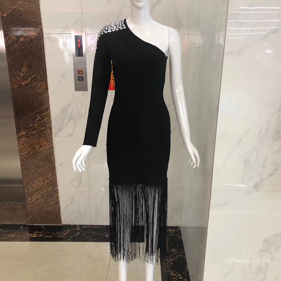 Wholesale 0JDRt 2020 New Winter Women's Bandage Dress Sexy One Shoulder Long Sleeve Beaded Tassel Midi Runway Party Dress Vestidos
