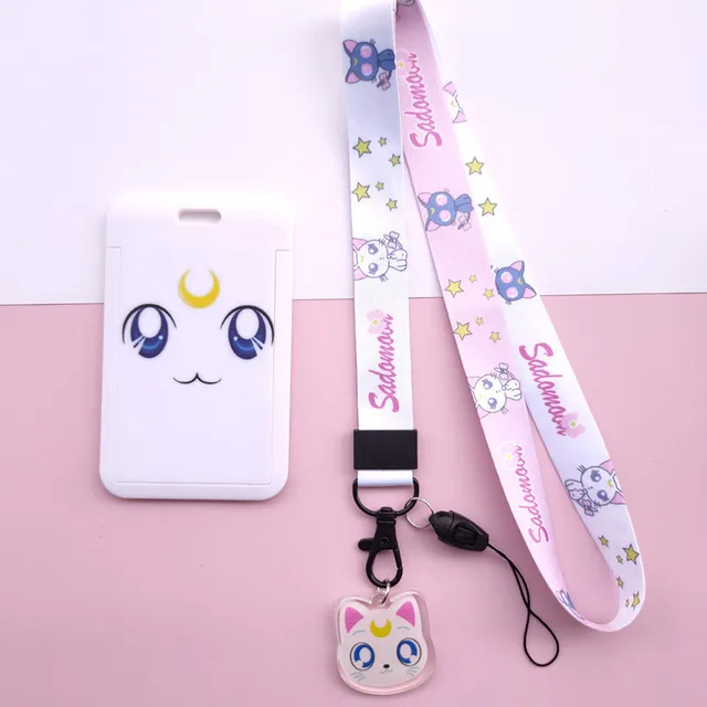 Anime Kawaii Cartoon Moon Cat Lanyard Wristband Credit Card ID Holder Bus Pass Staff Name Tag Badge Holders for Girls B
