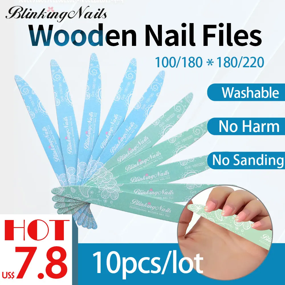 

BlinkingNails 10pcs Professional Nail File 100/180 Wood Nail File 180 240 for Pedicure Nail Sanding Files 180/220 Green/Blue