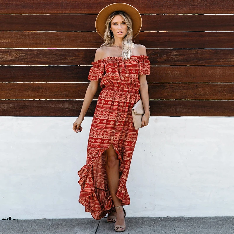UIDEAZONE Boho Print Women Dress Slash Neck Split Bohemian Ladies Maxi Dresses Ruffle Patchwork Swing 2020 Streetwear Beachwear | Женская