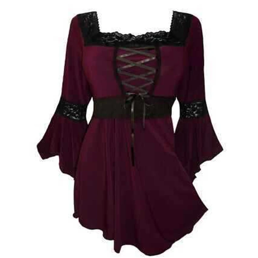 Wine Red Женские топы размера плюс в стиле средневекового Ренессанса, косплей на Хэллоуин, Готическая рубашка принцессы с рукавами-колокольчиками, стимпанк, хлопковая блузка в викторианском стиле - Цвет: Wine Red