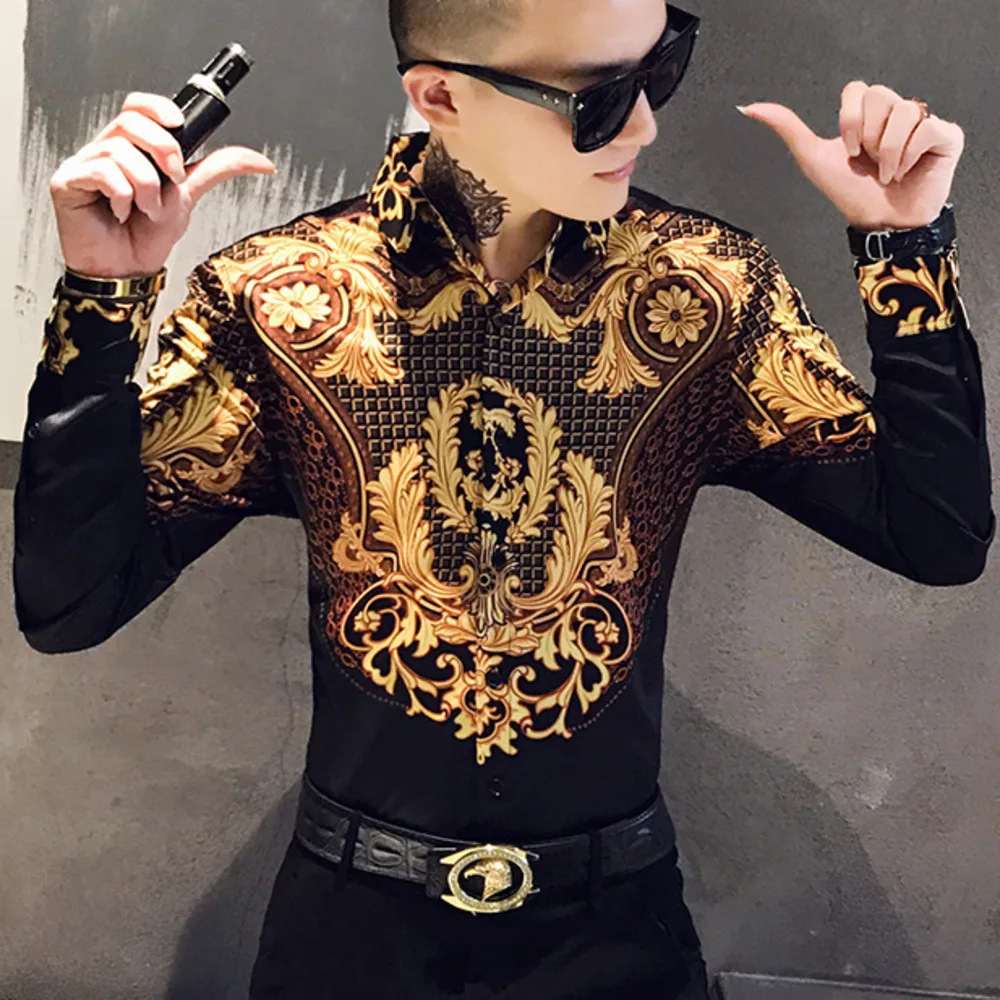 Beste Luxe Gold Print Shirt Mannen Royal Retro Lange Mouwen Party Nachtclub Smoking Shirts Casual Slim Fit Streetwear Blouse Homme