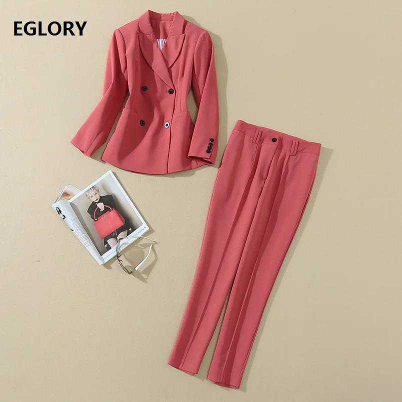 

High Quality New Runway Women's Set 2020 Autumn Winter Blazer Set Ladies Double Breasted Blazer Coats+Skinny Pants & Capris Set