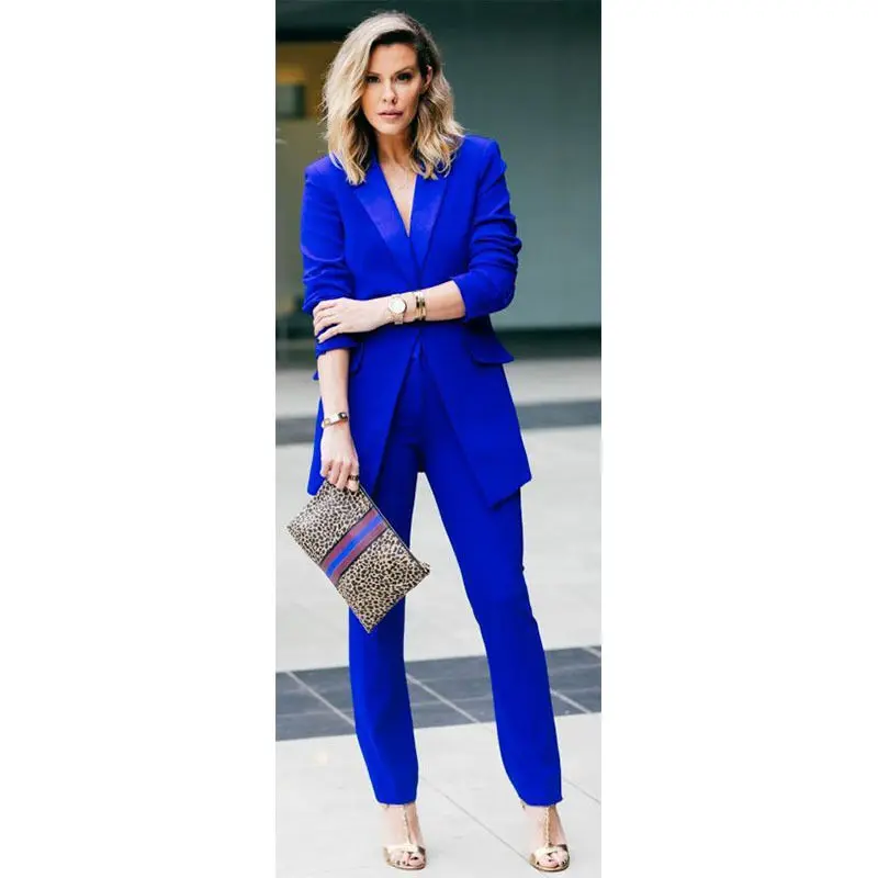 2-1   Royal Blue Female Office Uniform 2 Piece Set Women Trouser Suit Evening Tuxedo 