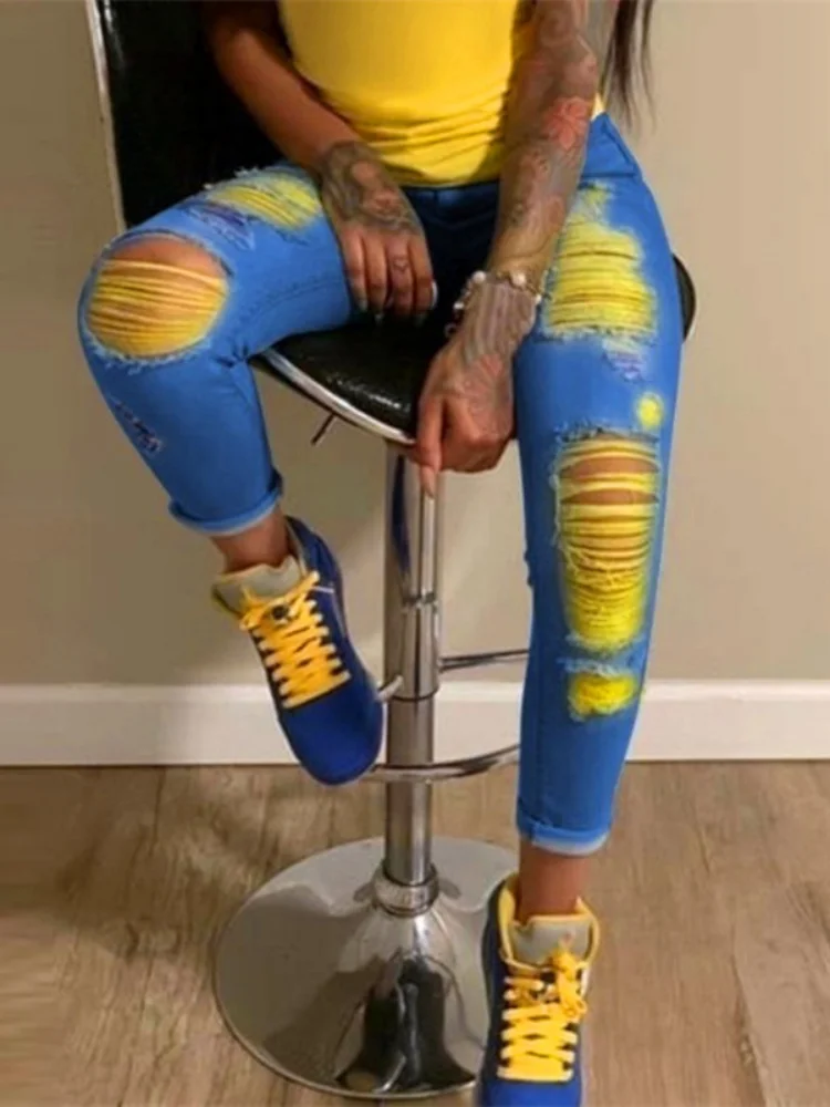 

Autumn High Waist Straight Denim Pants Women Multicolor Casual Skinny Ripped Jeans Capris Pocket Long Trousers Ladies Streetwear