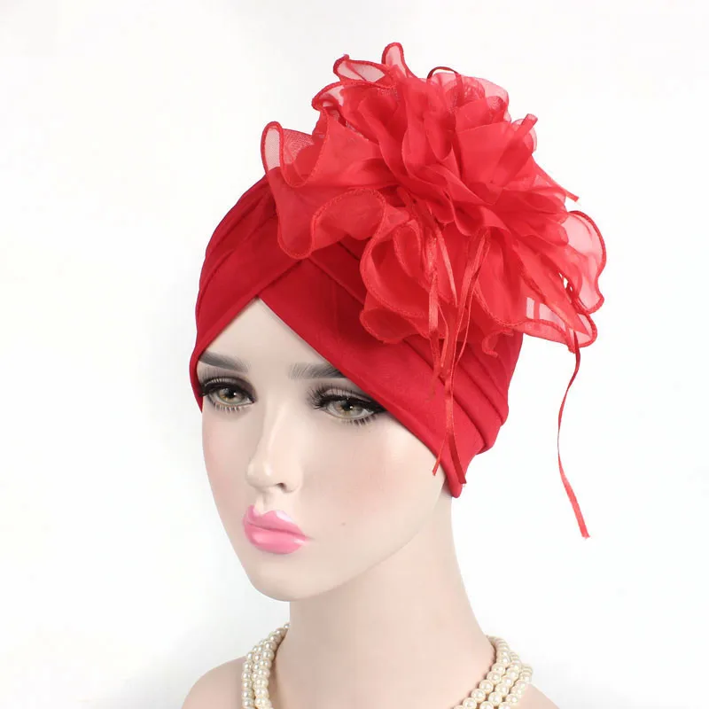 Helisopus, новинка, женская шапка-тюрбан с большим цветком, женская шапка с оборками в стиле ретро, индийский головной убор, шляпа для коктейля, вечерние аксессуары для волос - Цвет: red