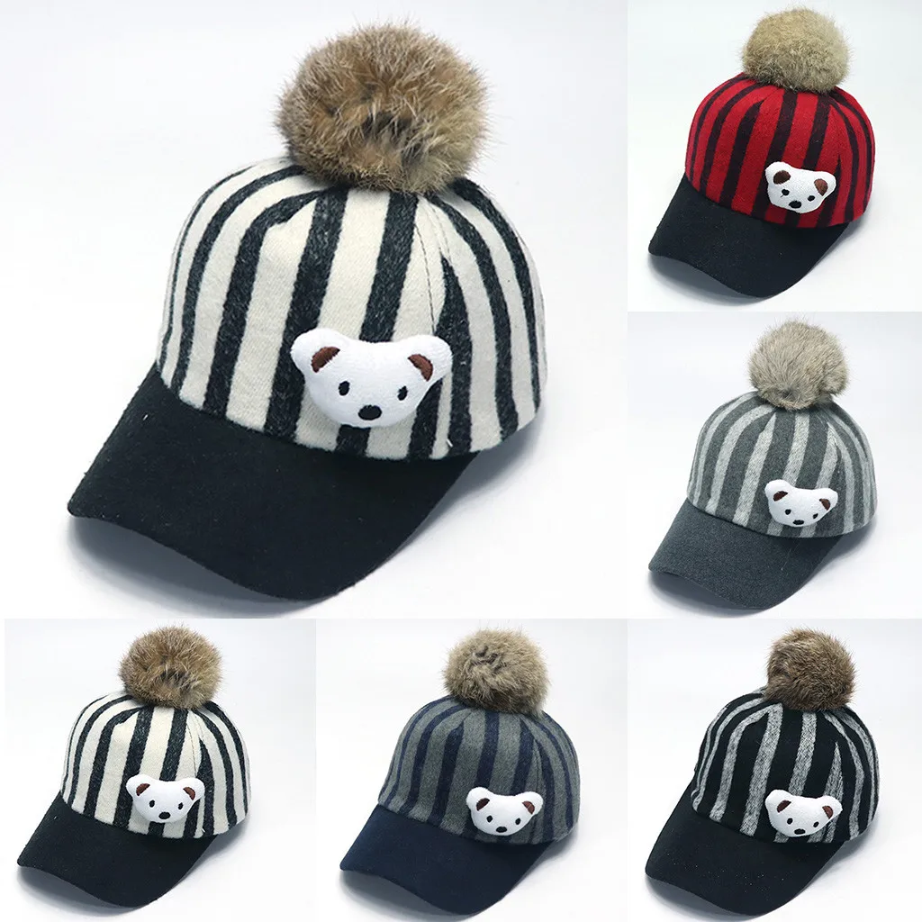 Fashion Children Woollen Cloth Stripe Little Bear Hair Ball Baseball Cap Hat new born photography baby boy clothes gorro | Детская