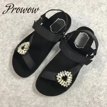 

Prowow New Runway Summer Crystal Beading Fltas Sandals Open Toe Party Street Style Sandals Shoes Women