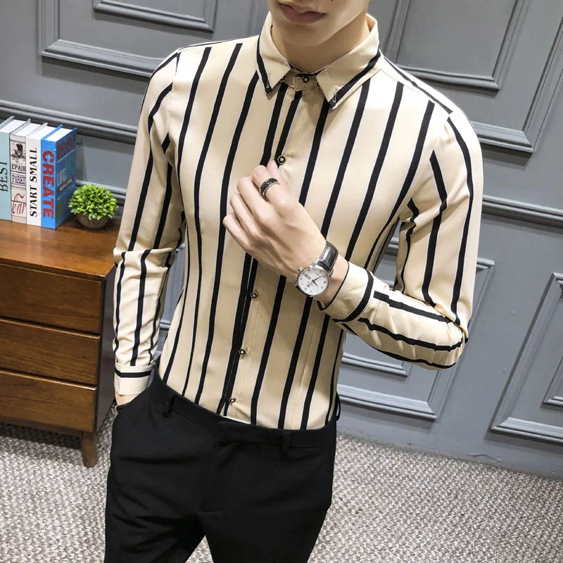 Korean Streetwear Fashion Men's Casual Shirt Slim Fit Men's Casual Striped Shirt Long Sleeve Party Social Shirts Men Male Camisa - Цвет: Хаки