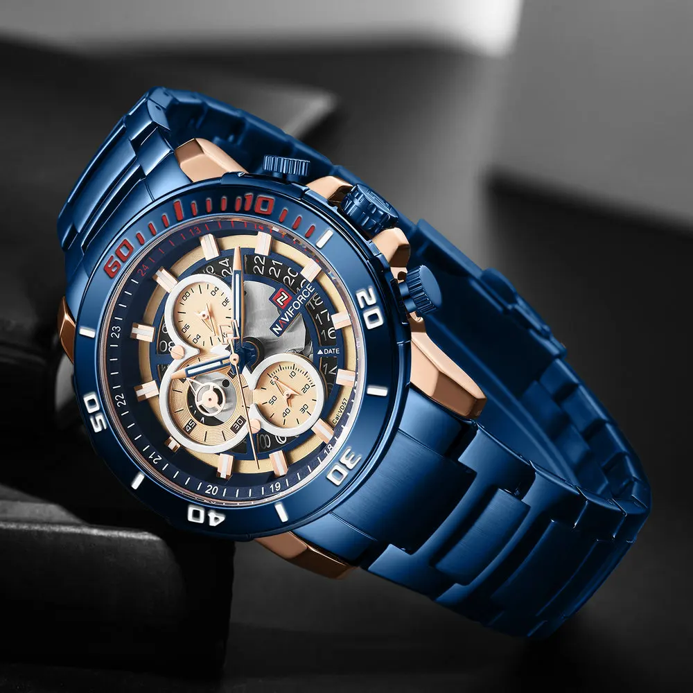 

NAVIFORCE Military Blue Watch Men Stainless Steel Strap Quartz Clock Chronograph Waterproof Sports Mens Watches Top Brand Luxury