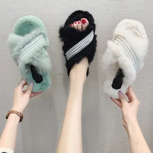 Зимние женские домашние тапочки; теплая плюшевая обувь с жемчугом; обувь на плоской подошве с открытым носком для девочек; удобная Осенняя женская обувь; шлепанцы