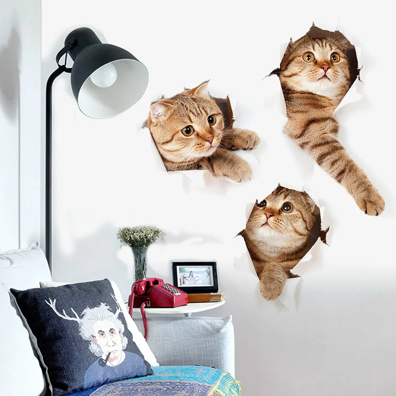 Наклейка на стену 3D кошка наклейка на стену на кухню, сиденье для унитаза, покрытие для гостиной, украшение для дома, водонепроницаемый грузовой плакат, Настенная палка