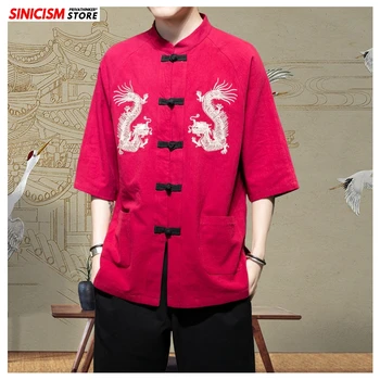 

Sinicism Store Embroidery Chinese Style Shirt Mens Vintage 2020 New Spring Summer Mens Shirts Male Half Shirt Clothing Oversize