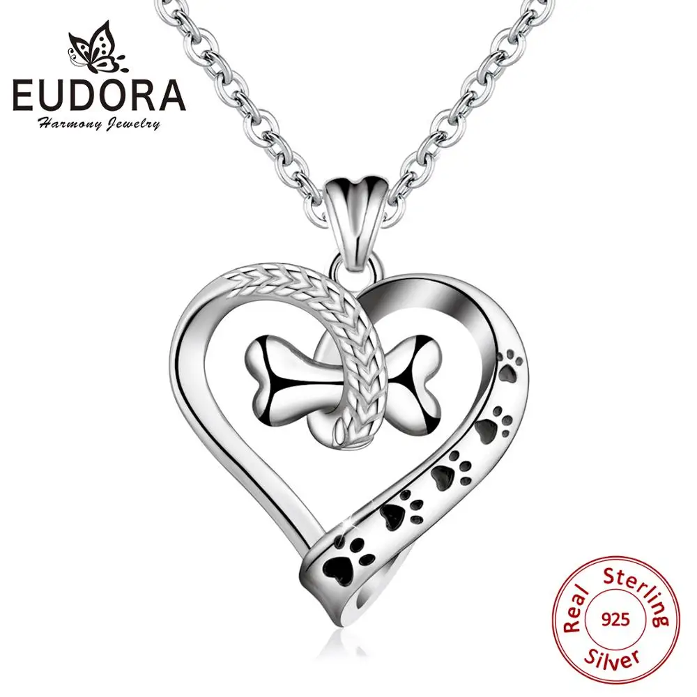 

Eudora 925 Sterling Silver animal Pet Dog Cat Footprint & Bone Pendant heart Necklace Women Fine Jewelry For Girl best gift D105