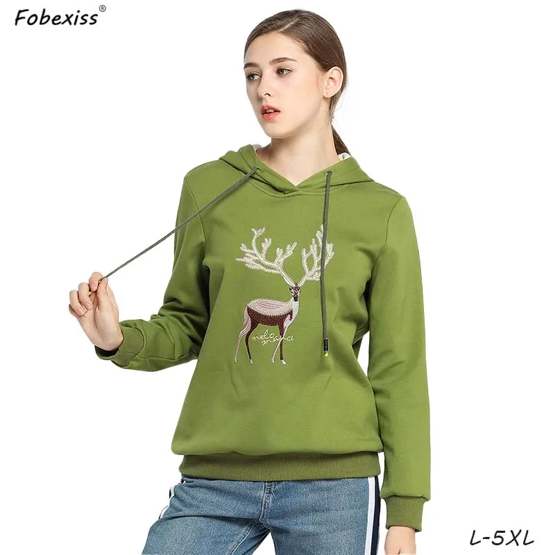 

Green Plus Velvet Hoodies Winter Women 5XL Plus Size Brushed Sweatshirts Emboridery Thick Pullovers 2019 Fashion Women Hoodies