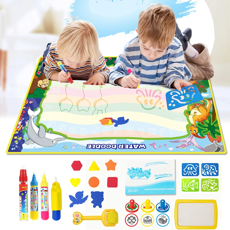 

Cartoon Magic Drawing Mat with 4 Water Painting Pen & 1 Roller Stamp Set Educational Toys Doodle Board for Children Kids Gift
