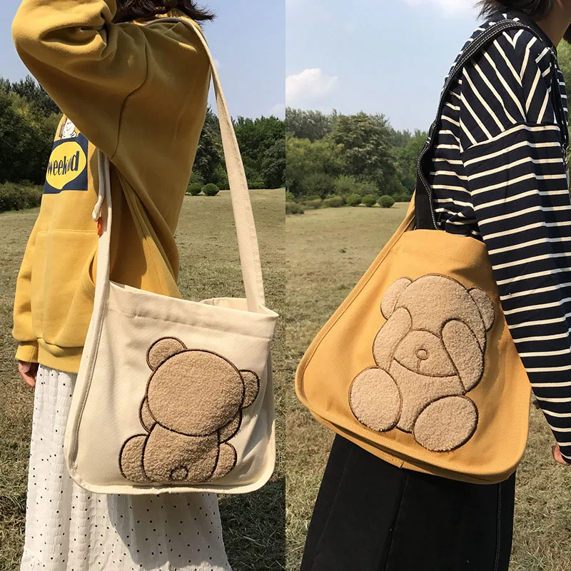 

Students Bear Applique Women Shoulder Bag Canvas Button Japan Style Crossbody Bag Messengers B548
