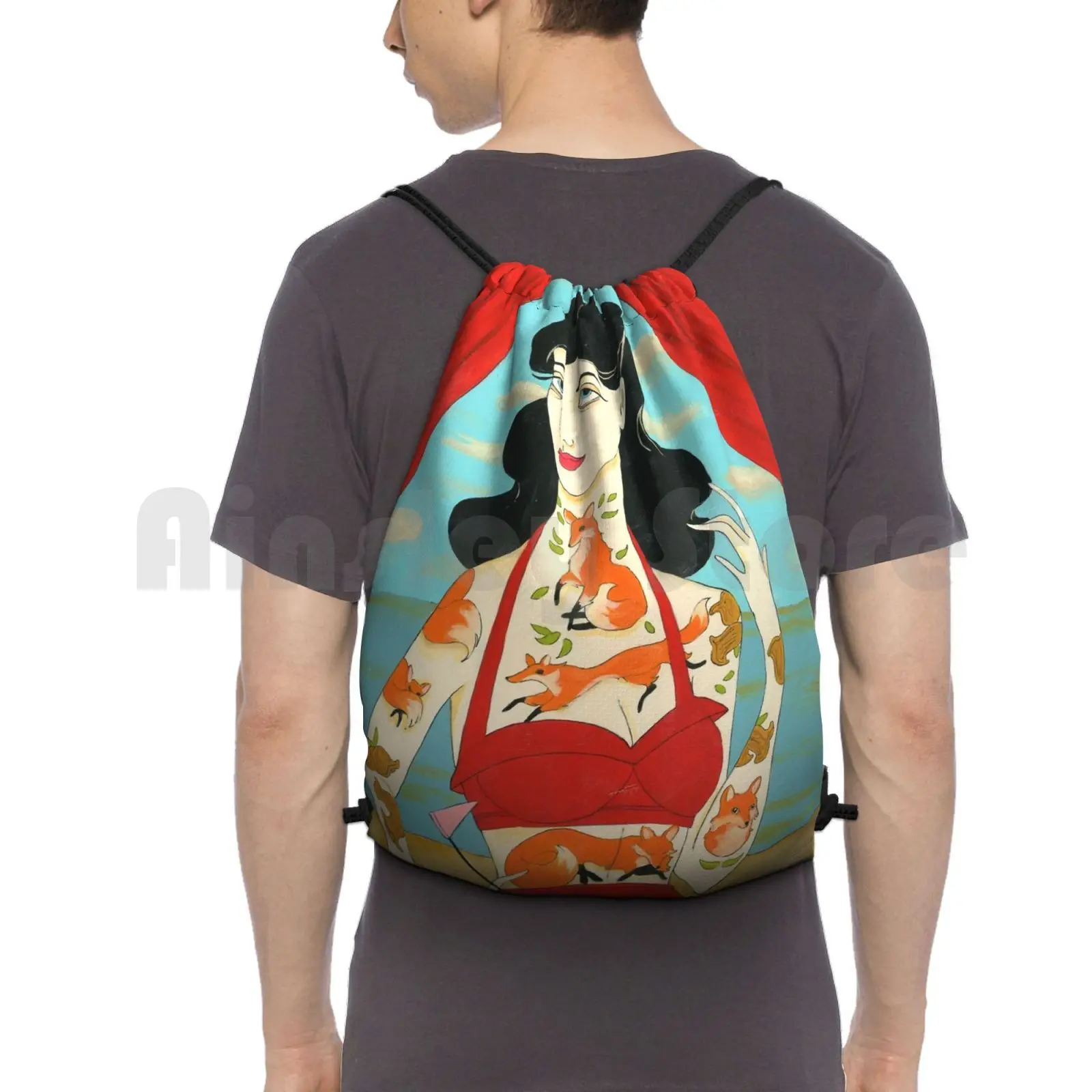 

Foxy Tattooed Lady Backpack Drawstring Bags Gym Bag Waterproof Fox Foxy Foxes Nature Animals Tattoo Tattooed Tattooed
