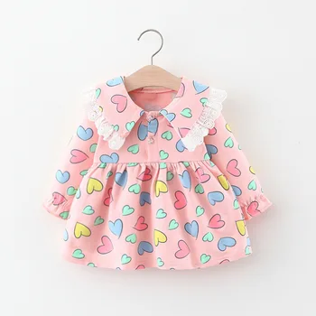 

Children Shirt Autumn Baby Girl's Heart Printing Princess Dress Lace Lapel Cute Dress