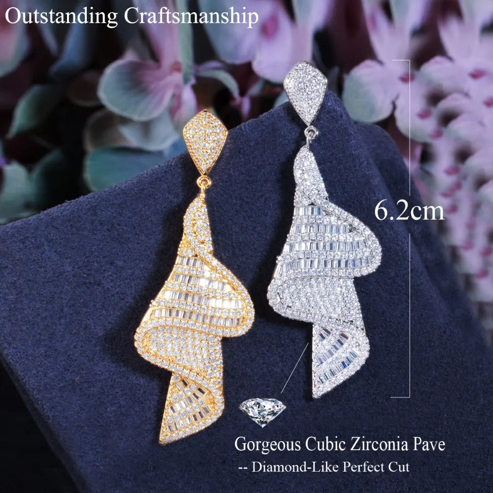 CWWZircons Geometric Sparkling Fancy White Cubic Zirconia Big Long Drop Earrings for Women Dubai Gold Color Bridal Jewelry CZ803