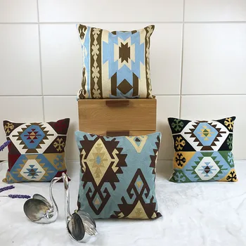 

Kilim Embroidered Cushion Cover Grey Blue Geometric Canvas Cotton Square Embroidery Pillow Cover 45x45cm Decorative PillowCae
