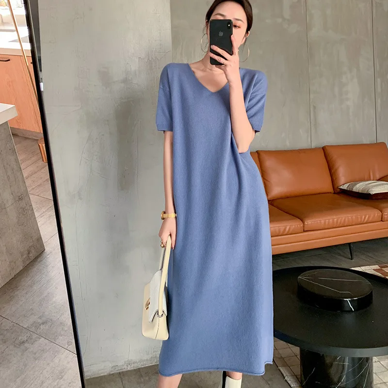 

V-neck Long Sweater Dress over-the-Knee Wool Jersey Dress Korean-style Underwear Wool Base Shirt 100 Pure Wool