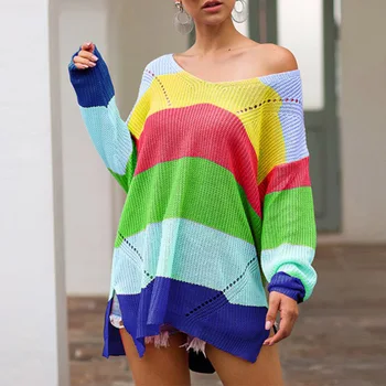 

Women Autumn Loose Sexy V-neck Sweaters Long-sleeved Knitted Sweet Rainbow Striped Pullover Casual Loose Jumpers