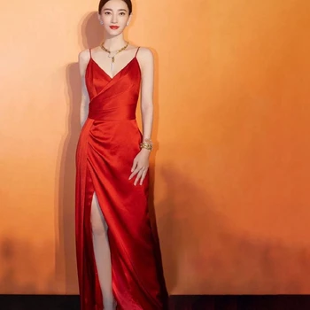 

2020 Fall Woman Red Sexy Spaghetti Strap Dress Backless Long Dresses