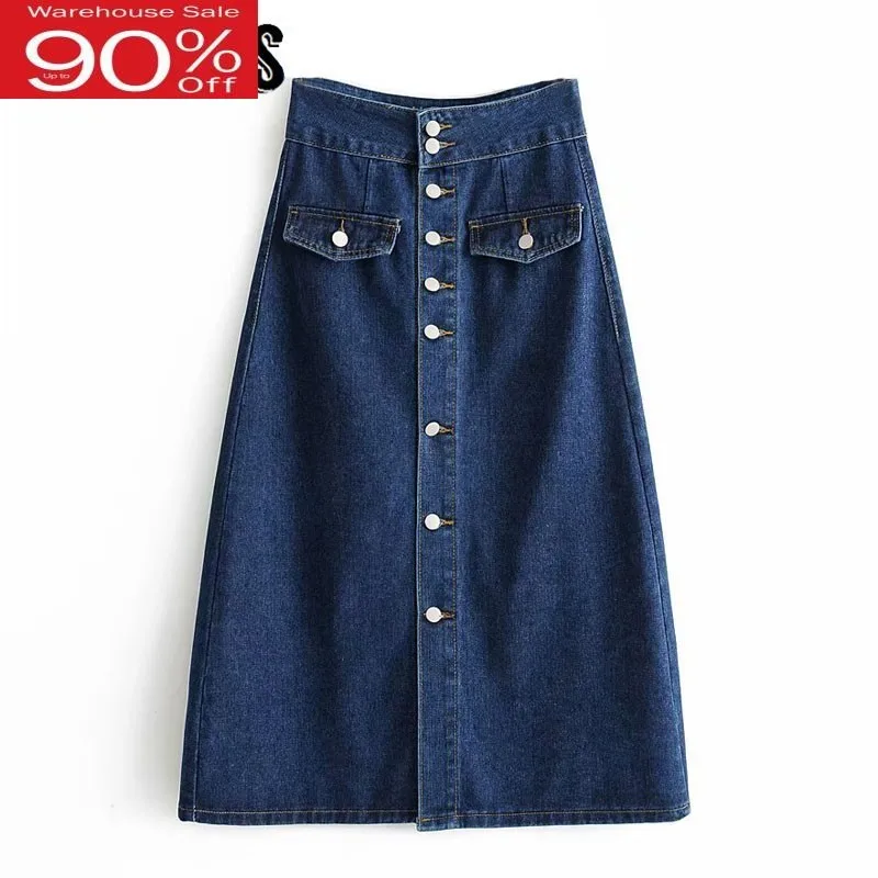 Винтажные женские джинсовые юбки средней длины на одной пуговице с высокой