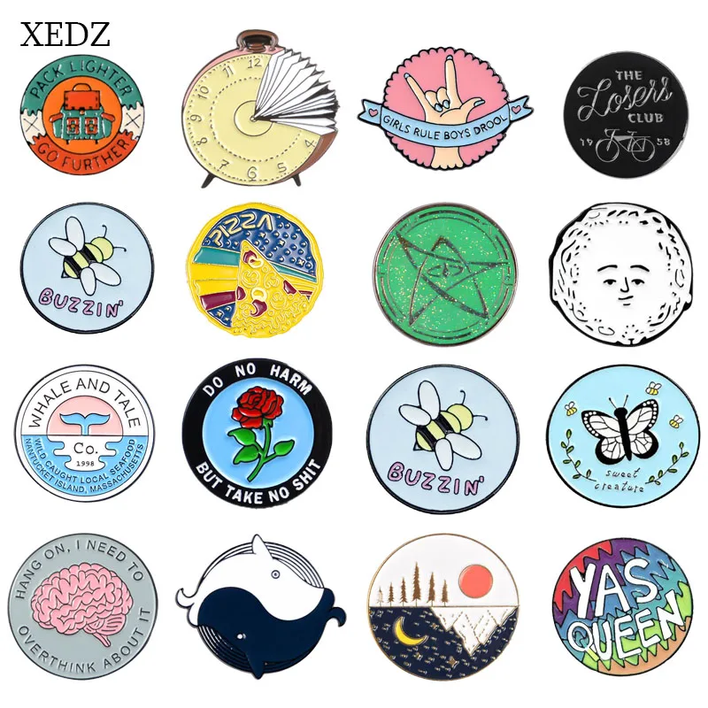 

XEDZ Bicycle Pentagram Bee Butterfly Flower Whale Round Brooch Collection Fashion Cartoon Cute Zinc Alloy Pendant Jewelry Gift