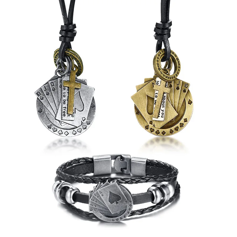 

New Listing Jewelry Alloy Playing Cards Cross Pendant Leather Cord Adjustable Pn-1110
