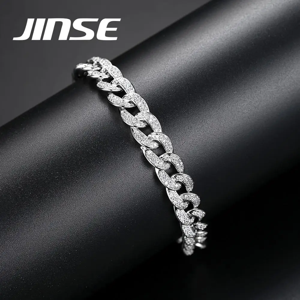 JINSE 8 мм в стиле «хип-хоп» из циркона с твердым покрытием льдом AAA CZ браслет серебро Цвет кубинский Майами цепочка браслет ювелирные изделия 17/19 см