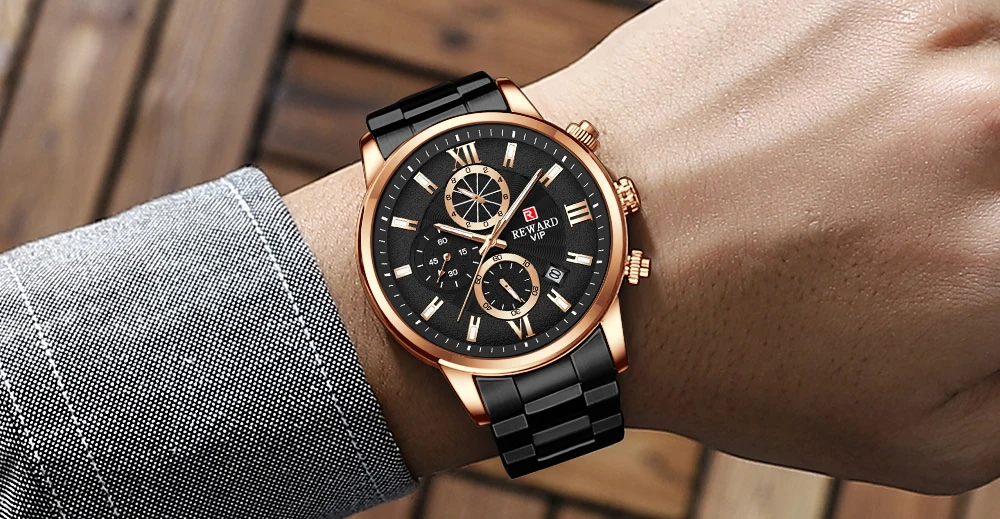 REWARD New Mens Watches Automatic Date Waterproof Clock Stainless Steel Chronograph Top Brand Men Sport Quartz Wrist Watch
