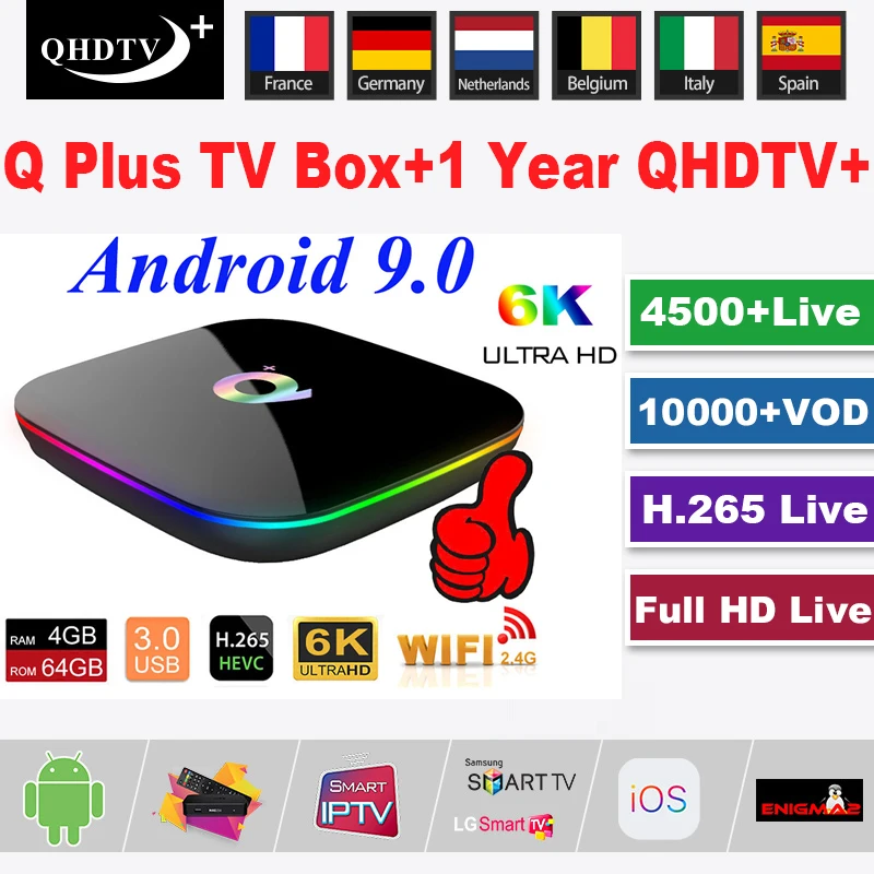 Q Plus Android9.0 ТВ коробка с 1 год QHD ТВ+ IP ТВ код подписки 6K HD 3D медиаплеер Европа IP ТВ телеприставка Abonnement ТВ коробка