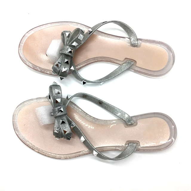 Summer Beach Sandals Woman Flip Flops PVC Slides Female Sandals Rivet Bowknot Slip on Flat with Women Studs Slippers Jelly Shoes Silver
