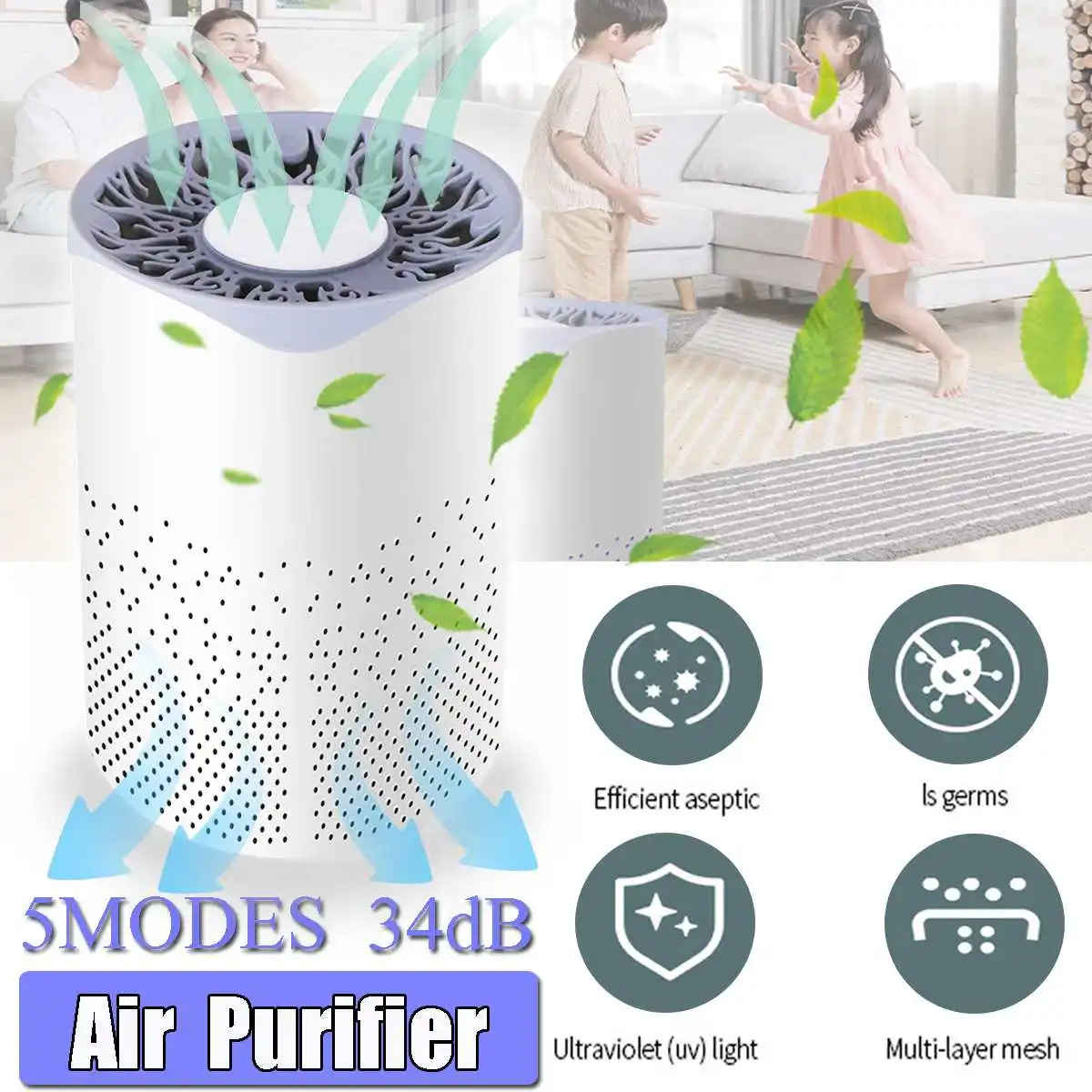 Home Office Air Purifier 5 Modes USB Air Cleaner Ionizer UV Light Dust Allergy Smoke Filter Negative Ion Generator for Bedroom