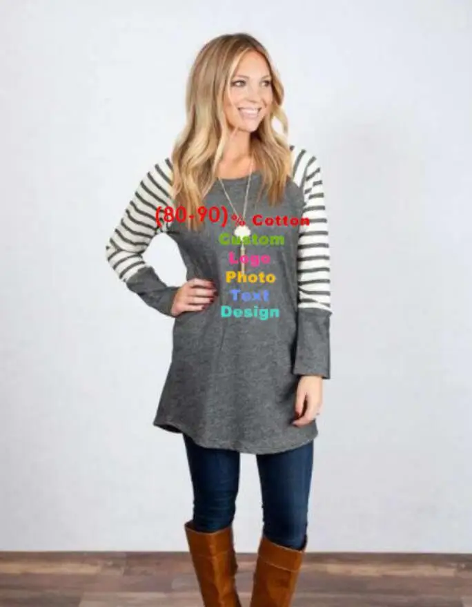 

Large size loose striped sleeve round neck T-shirt top woman female custom printed diy text logo photo high quality cotton thin