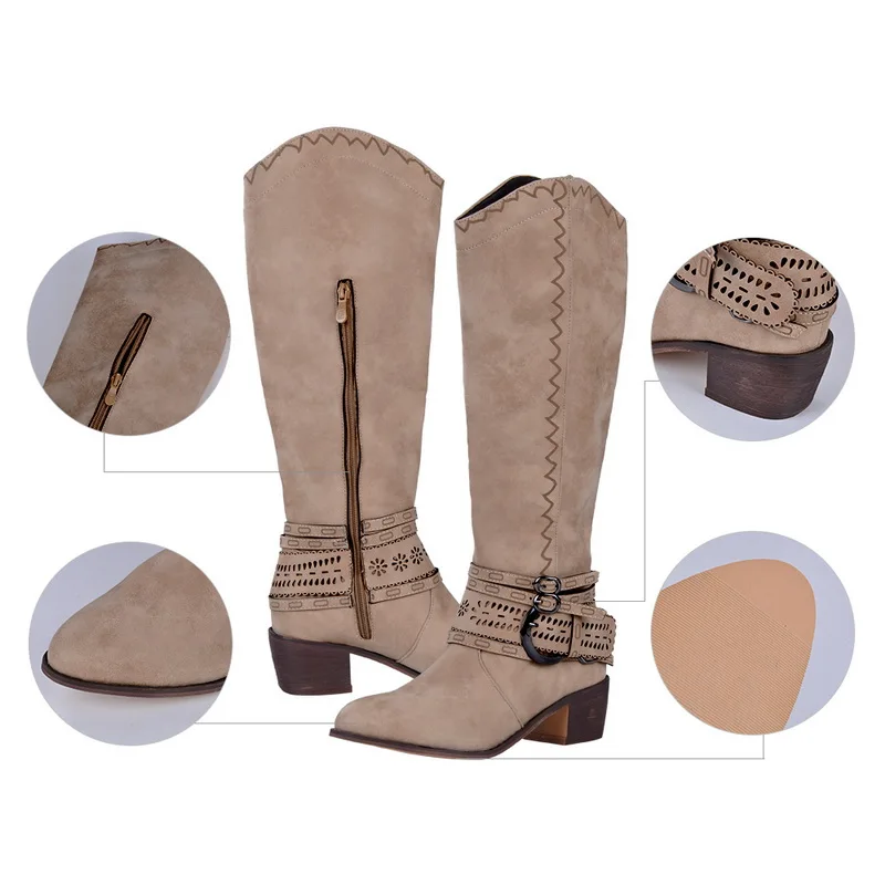 LASPERAL Suede Openwork Knee High Boots Women Pointed Toe Buckle Strap Heels Winter Long Boots Zip Thigh High Loose Boots