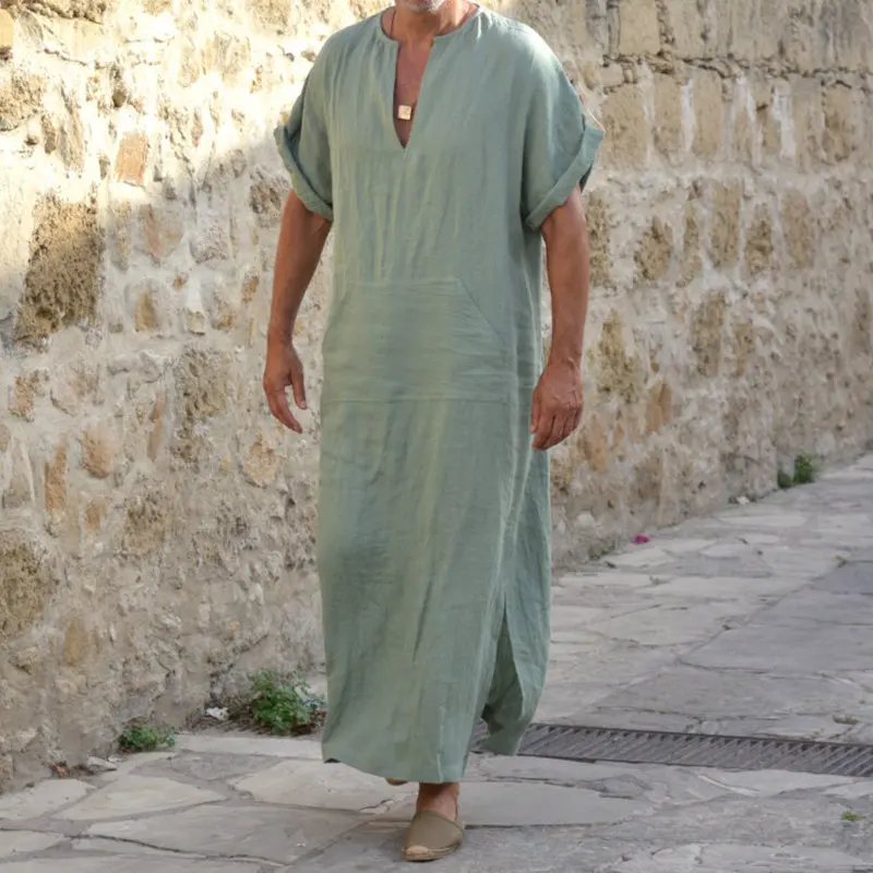 Jubba Thobe Islamic Arabic Kaftan Men Linen Cotton Solid Short Sleeve Hooded Robes Dubai Middle East Muslim Clothes Abaya Homme muslim dress muslim robe