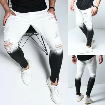 

New Style Men Ripped Gradient Skinny Jeans Frayed Destroyed Trousers Slim Breathable Denim Pants TY53