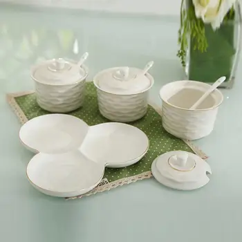 

4Pcs/Set Ceramic Seasoning Containers Spoons Tray Salt Pepper Spice Condiment Jars